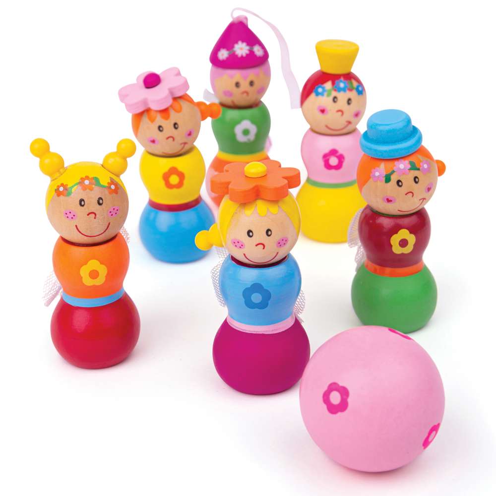 Bigjigs Toys Wooden Fairy Skittles Set 7 Pieces Kids Bowling Game Toy