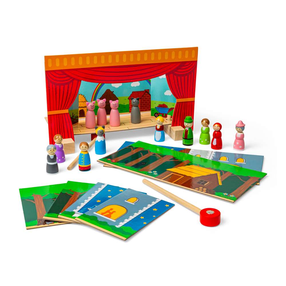 Bigjigs Toys Wooden Magnetic Play Theatre with 3 character sets and 18 play pieces