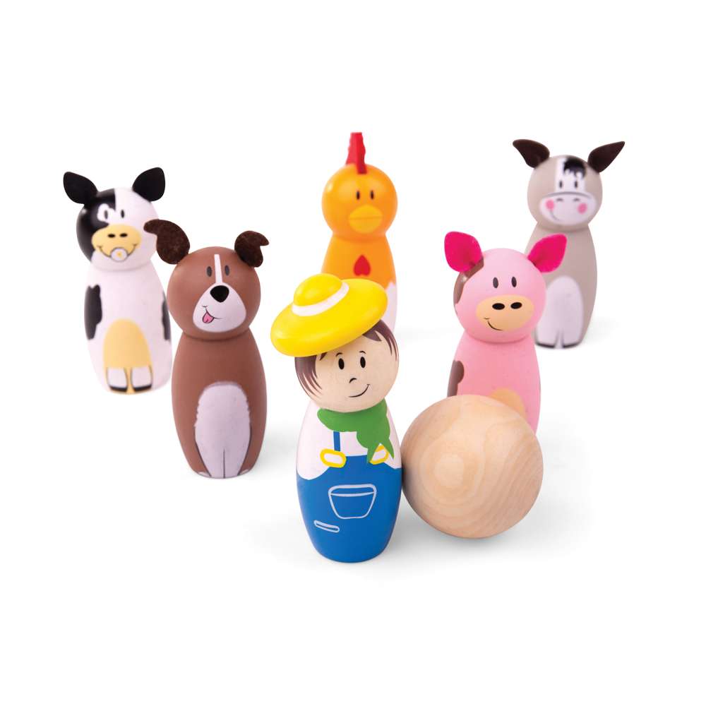 Bigjigs Toys Wooden Farm Skittles Animal Bowling Set for Kids 7 Pieces