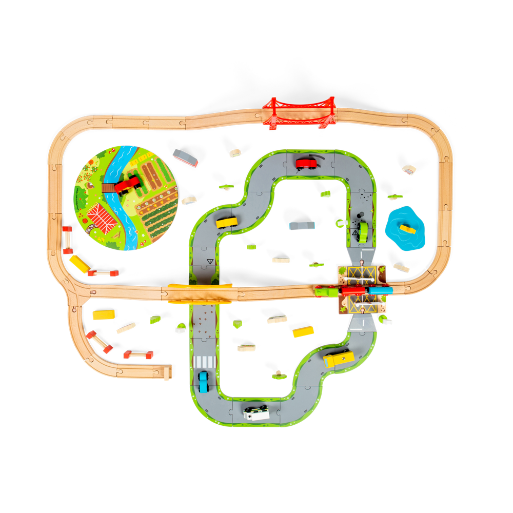 Bigjigs Rail Road and Rail Wooden Train Set 90 Piece Kids Toy Railway with Level Crossing and Accessories