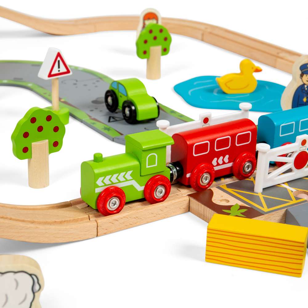 Bigjigs Rail Road and Rail Wooden Train Set 90 Piece Kids Toy Railway with Level Crossing and Accessories