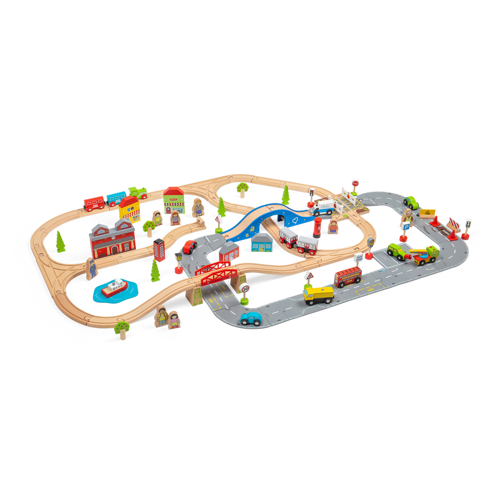 Bigjigs Rail City Road and Railway Wooden Train Set 105 Pieces