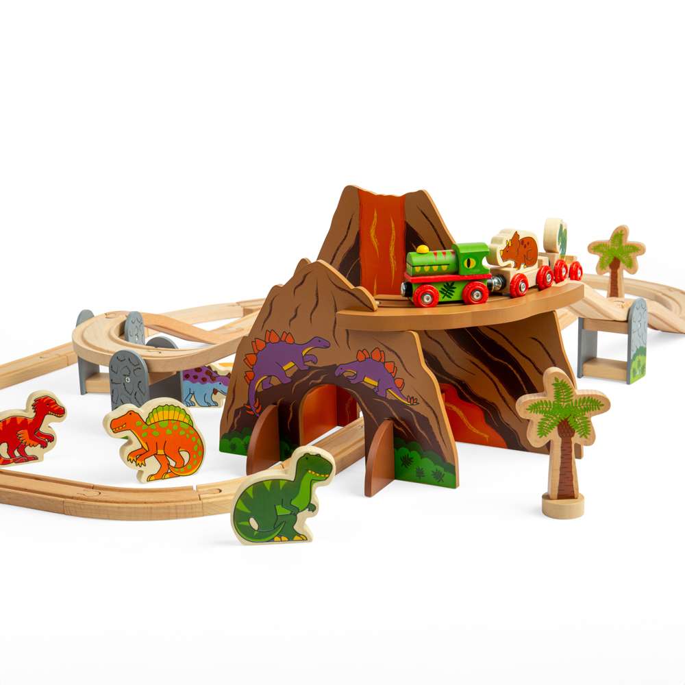 Bigjigs Rail Dinosaur Train Set 49 Piece Wooden Railway with Track and Accessories