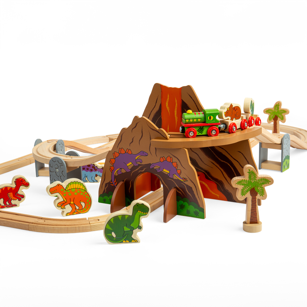 Bigjigs Rail Dinosaur Train Set 49 Piece Wooden Railway with Track and Accessories