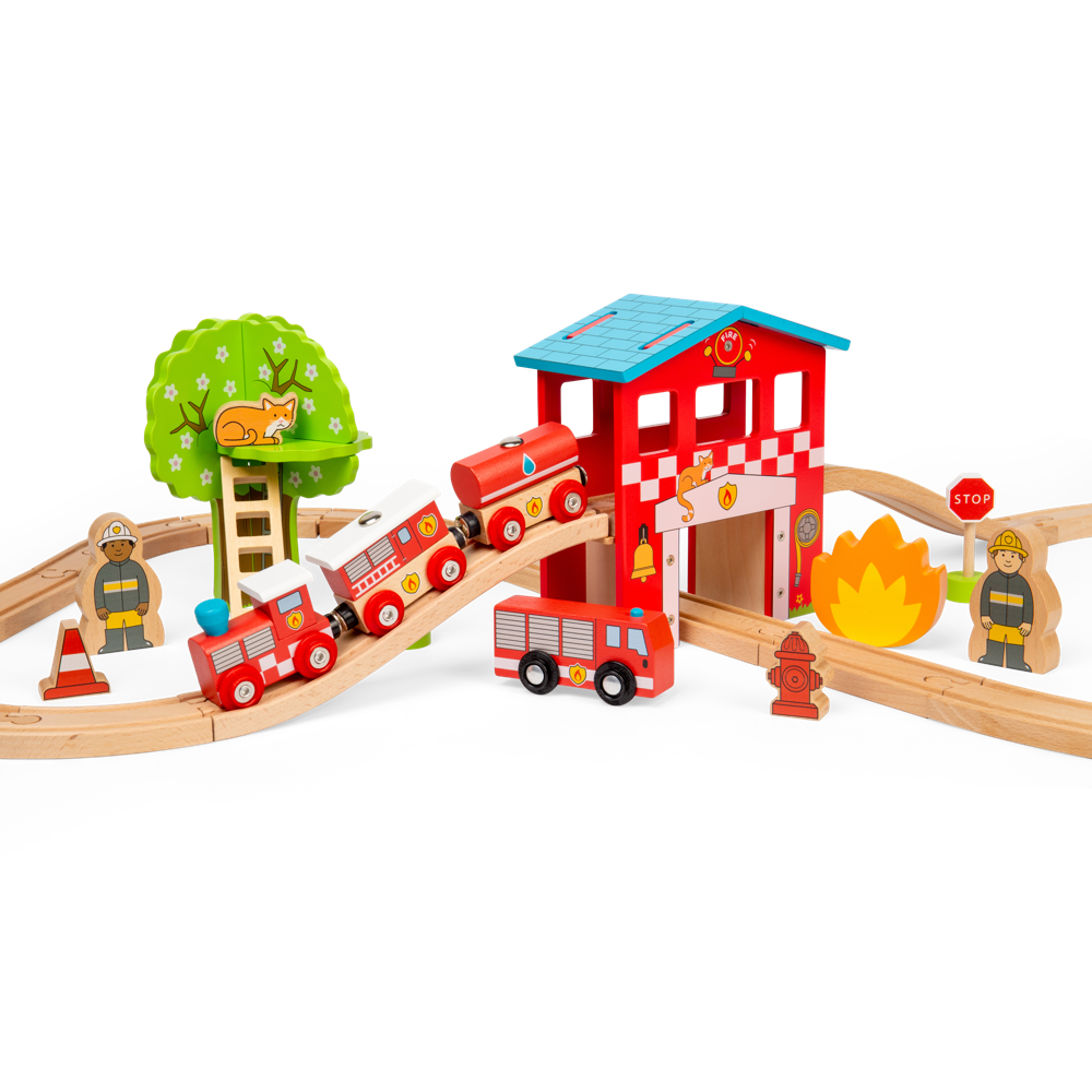 Bigjigs Rail Fire and Rescue Wooden Train Set with 39 Play Pieces
