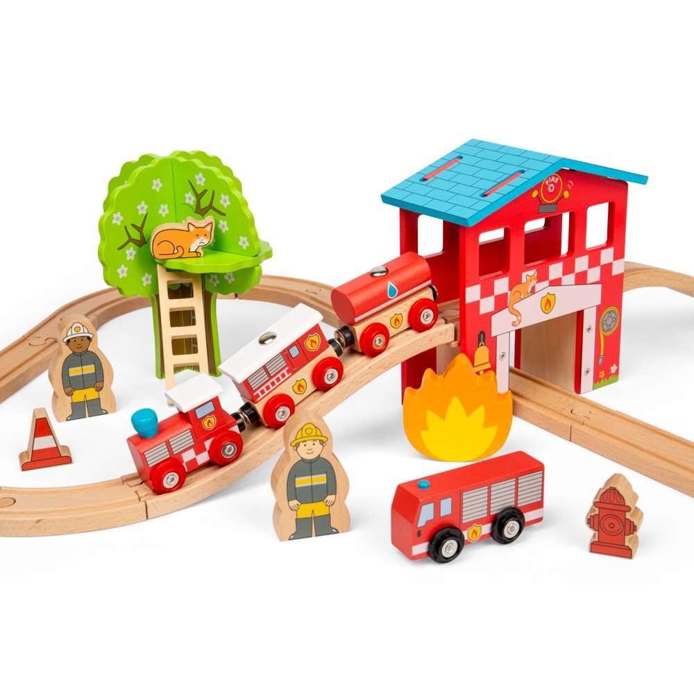 Bigjigs Rail Fire and Rescue Wooden Train Set with 39 Play Pieces