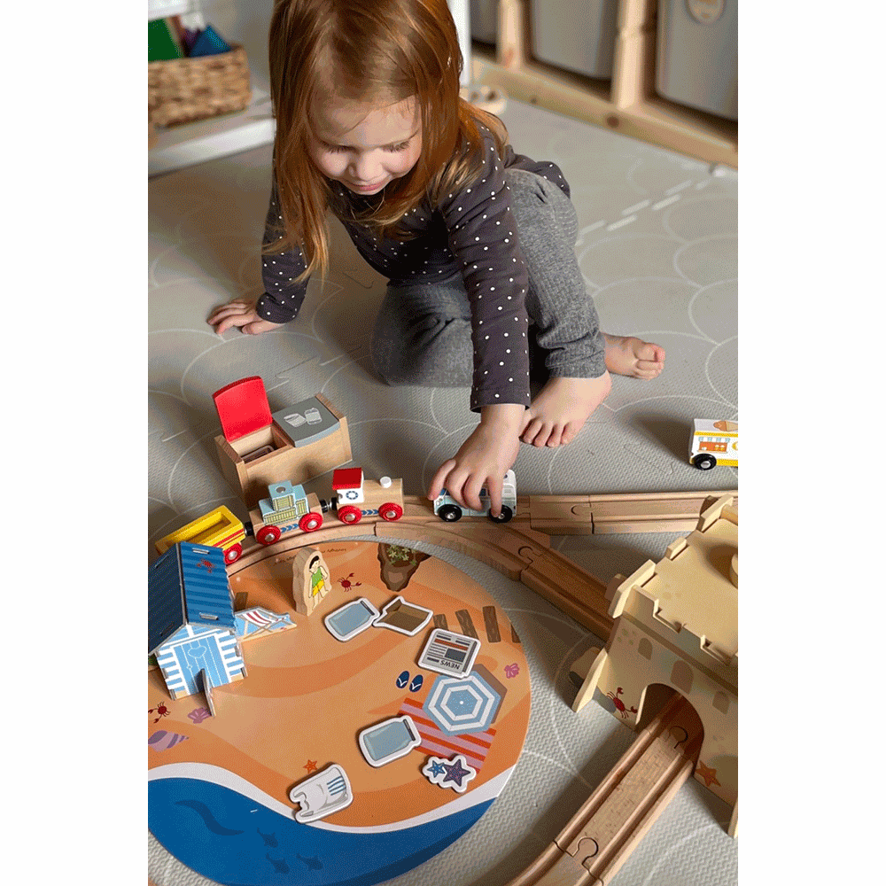 Bigjigs Rail Coastal Clean Up Wooden Train Set with 70 Play Pieces and Recycling Book