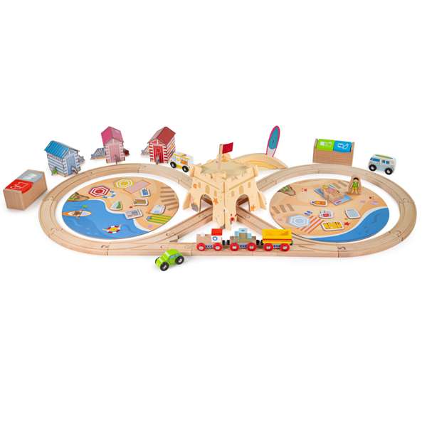 Bigjigs Rail Coastal Clean Up Wooden Train Set with 70 Play Pieces and Recycling Book