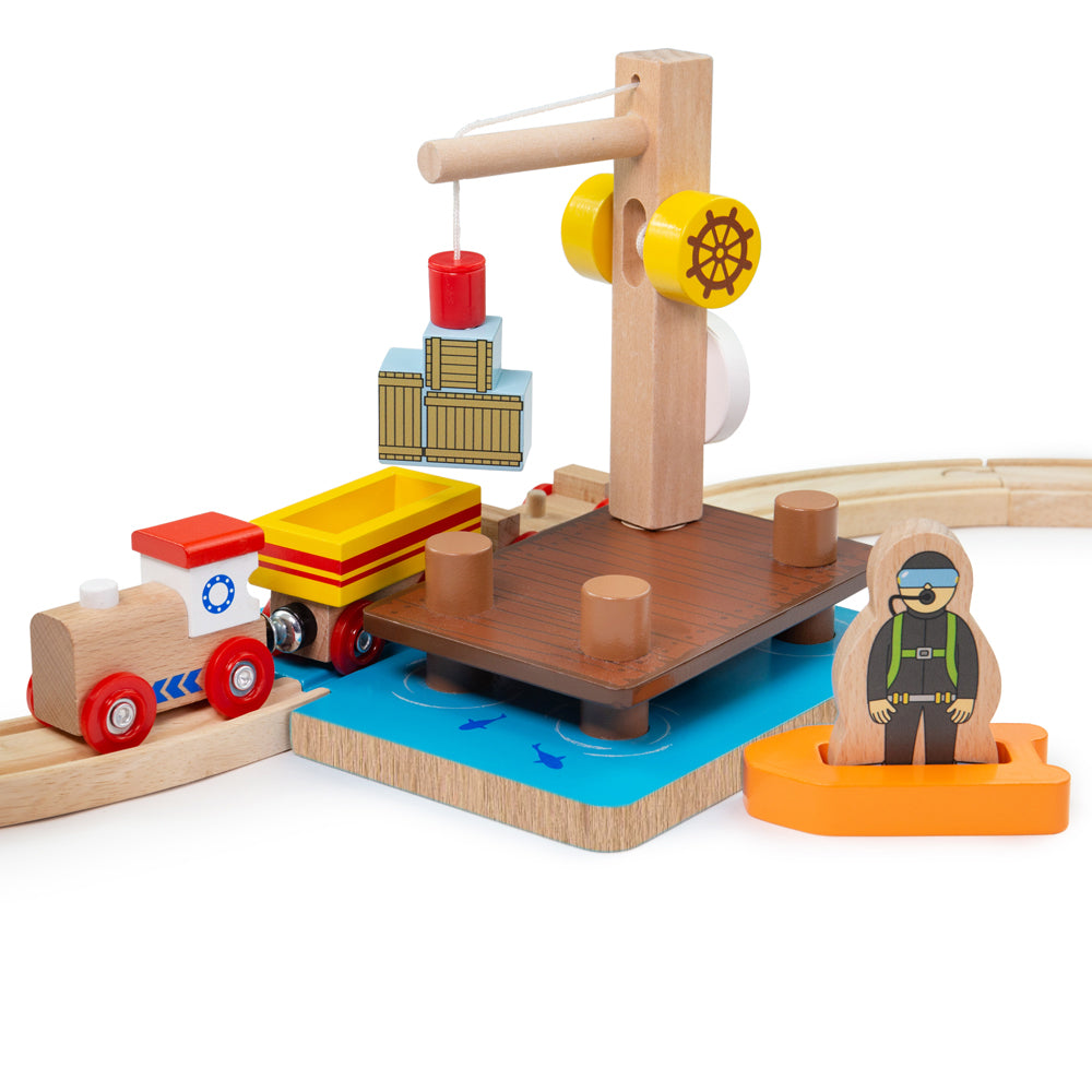 Bigjigs Rail Crane Dock Dinghy and Diver Wooden Train Set Accessory