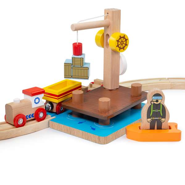 Bigjigs Rail Crane Dock Dinghy and Diver Wooden Train Set Accessory