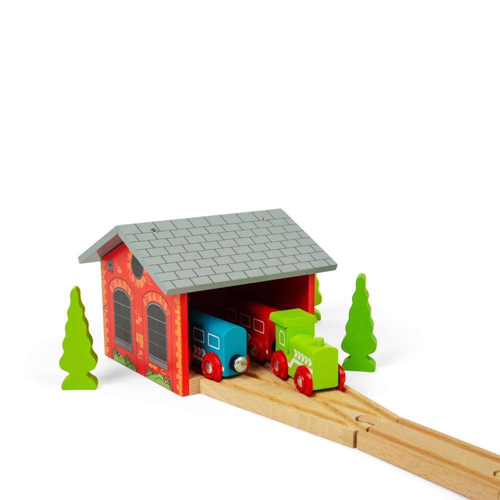 Bigjigs Rail Double Engine Shed Wooden Train Set Accessory Wood Railway Toy