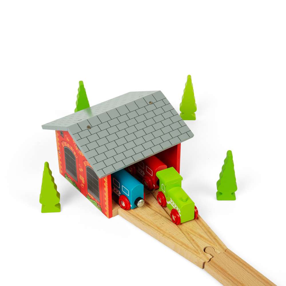 Bigjigs Rail Double Engine Shed Wooden Train Set Accessory Wood Railway Toy