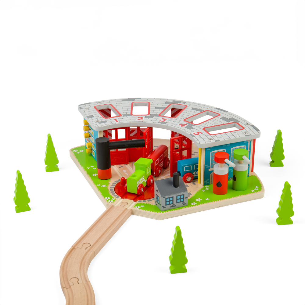 Bigjigs Rail Five Way Engine Shed Wooden Train Set Accessory with Turntable