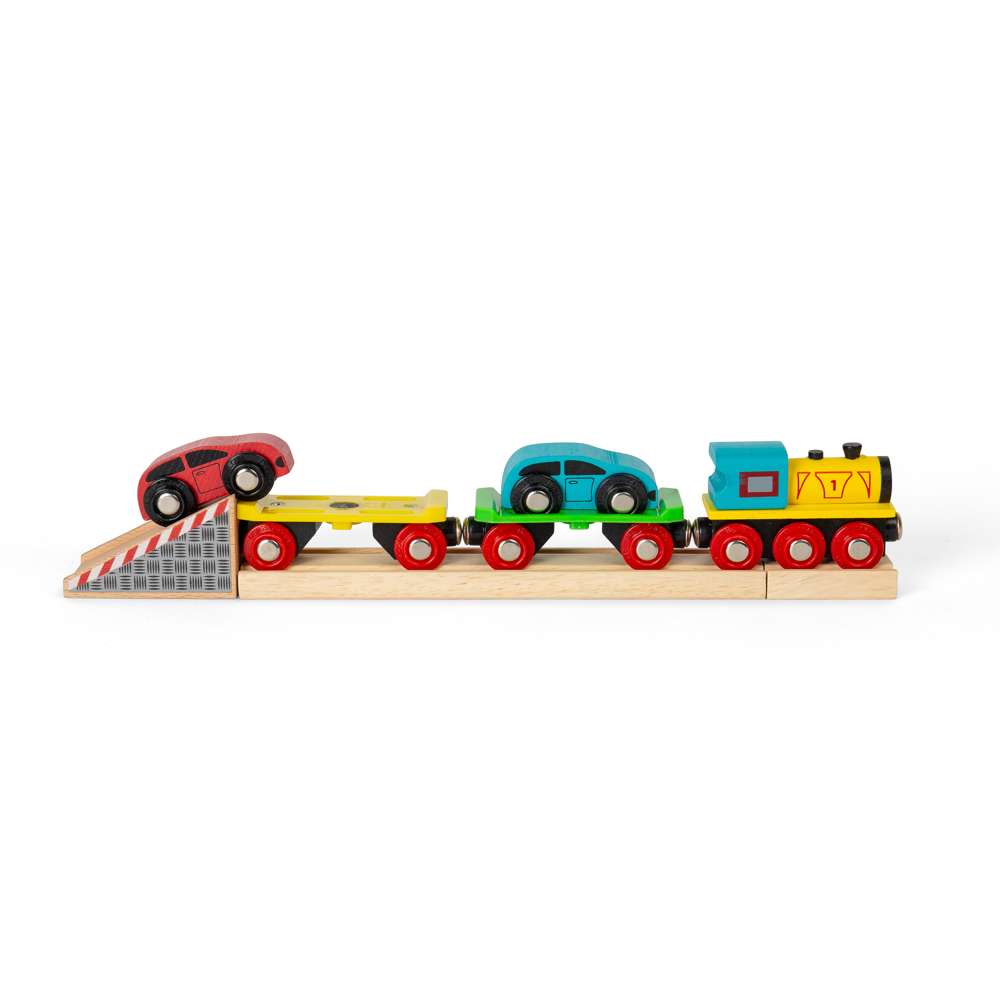 Bigjigs Rail Wooden Car Loader Train Accessory with 2 Cars and Engine 8 Pieces