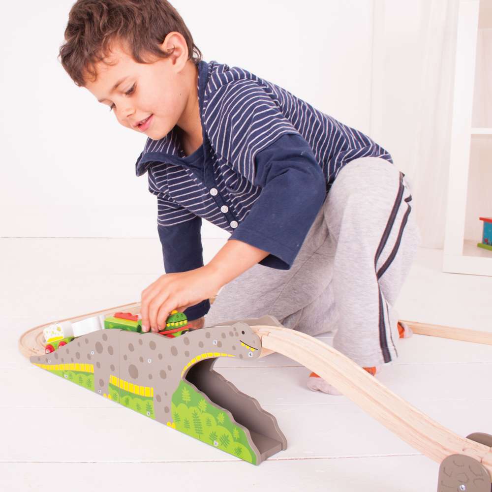 Bigjigs Rail Bronto Riser Dinosaur Wooden Train Track Accessory with 5 Play Pieces