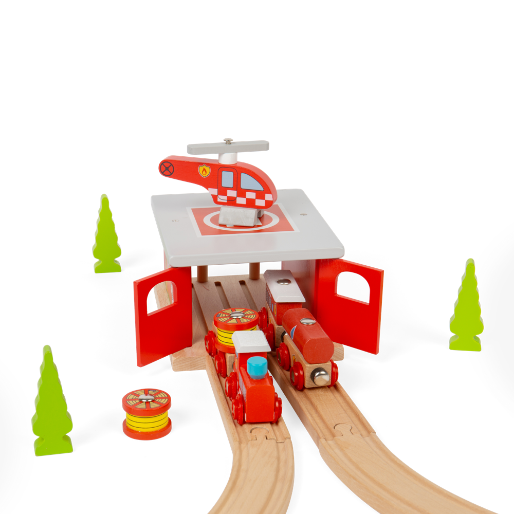 Bigjigs Rail Wooden Fire Station Shed with Helicopter and Helipad Train Accessory