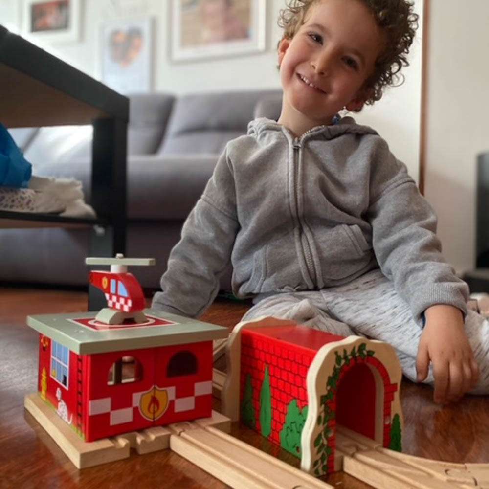 Bigjigs Rail Wooden Fire Station Shed with Helicopter and Helipad Train Accessory