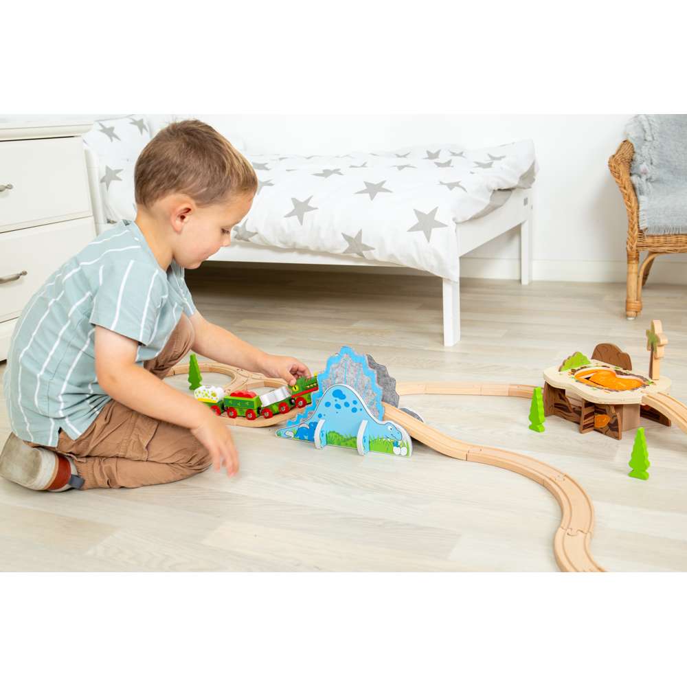 Bigjigs Rail Dino Riser Tunnel 2 in 1 Wooden Railway Accessory for Kids Train Sets