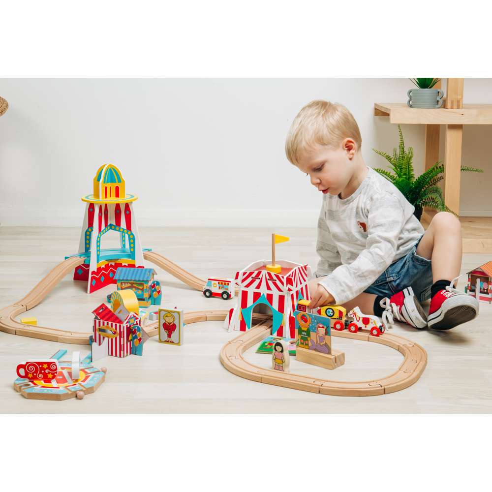 Bigjigs Rail Fun Fair Train Set Wooden Railway 54 Piece Toy for Ages 3 Plus