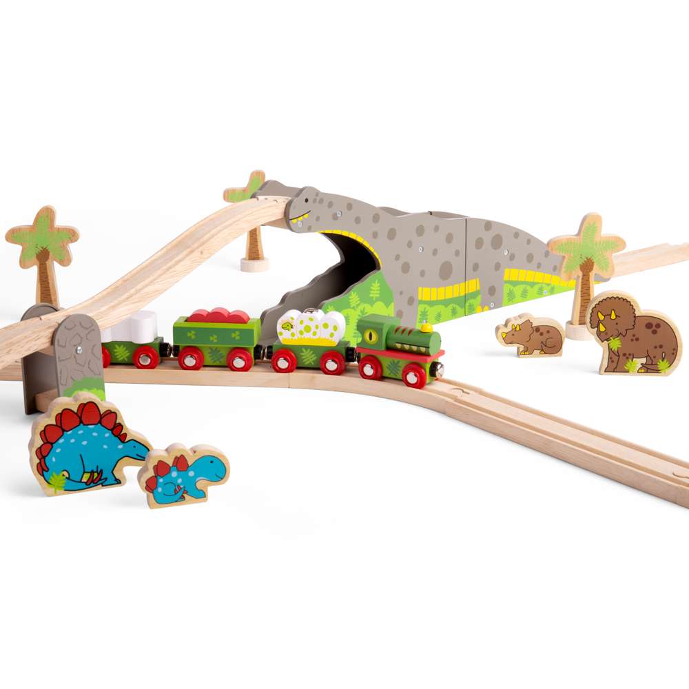 Bigjigs Rail Dinosaur Railway Engine and Carriages Wooden Toy Train Set with Tracks