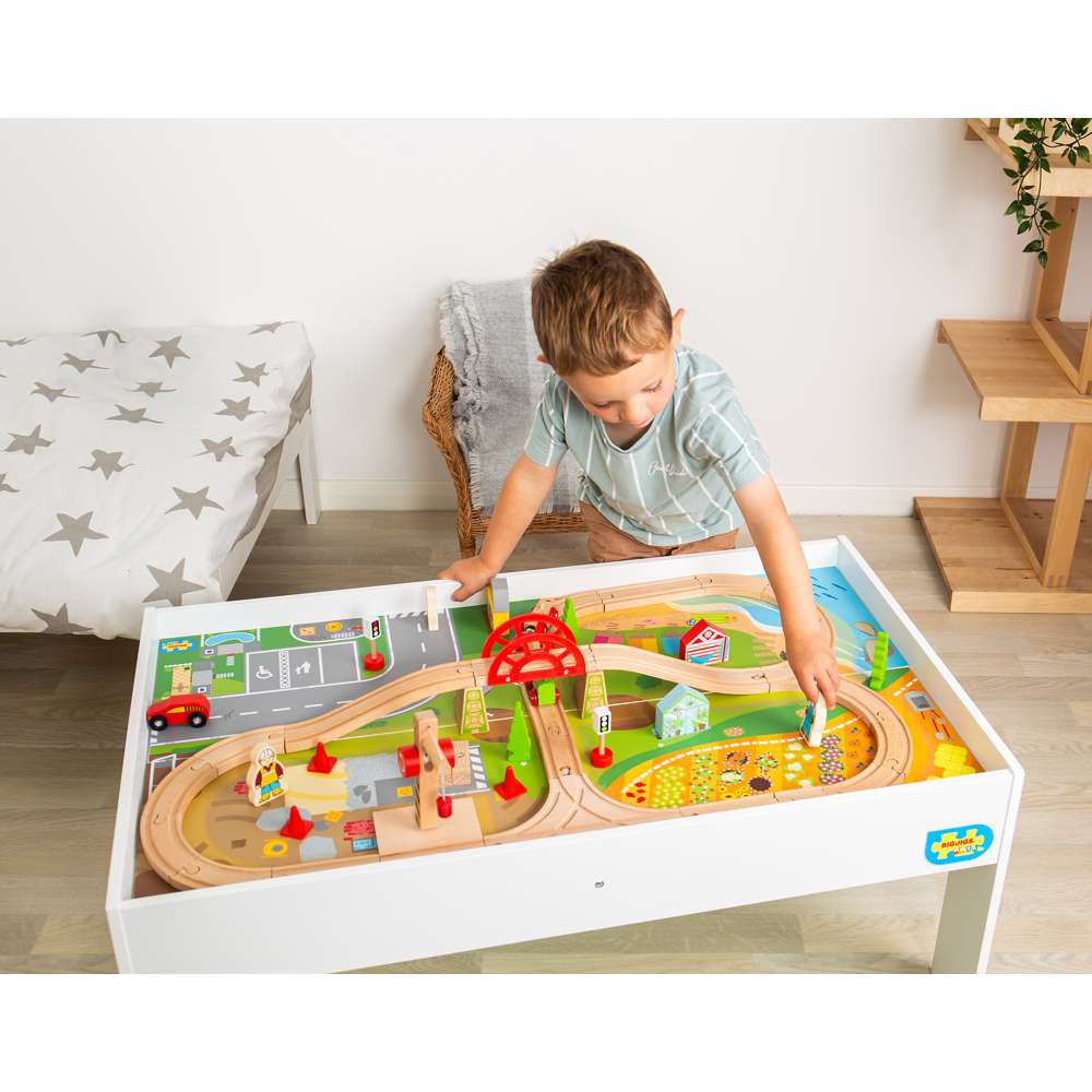 Bigjigs Rail Wooden Train Set and Table with 50 Play Pieces