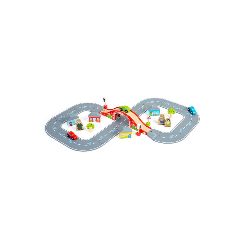 Bigjigs Rail Figure of Eight Wooden Roadway Set with Red Bridge and 36 Play Pieces