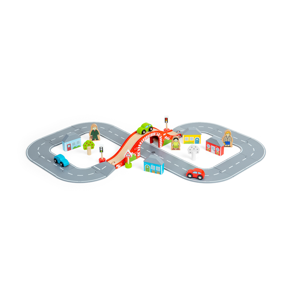 Bigjigs Rail Figure of Eight Wooden Roadway Set with Red Bridge and 36 Play Pieces