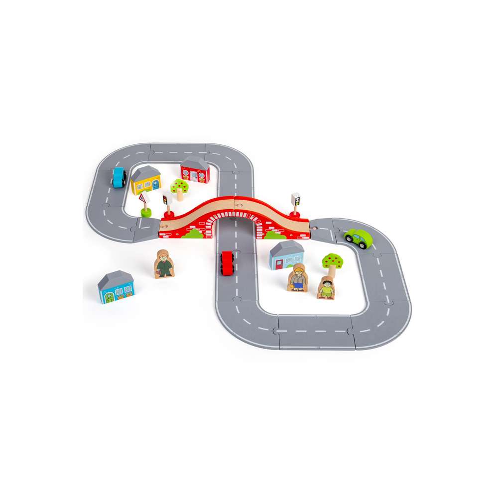 Bigjigs Rail Figure of Eight Wooden Roadway Set with Red Bridge and 36 Play Pieces