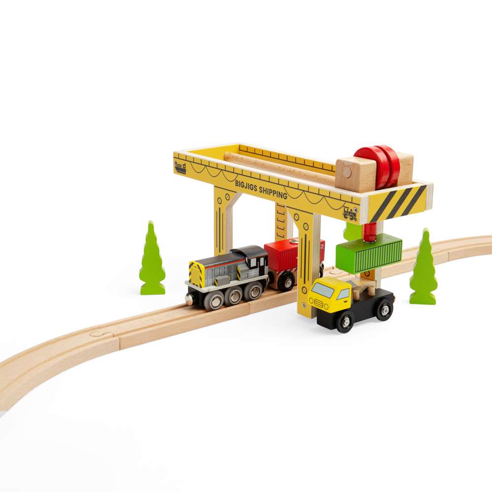 Bigjigs Rail Gantry Crane Wooden Train Set Accessory with Container Lorry