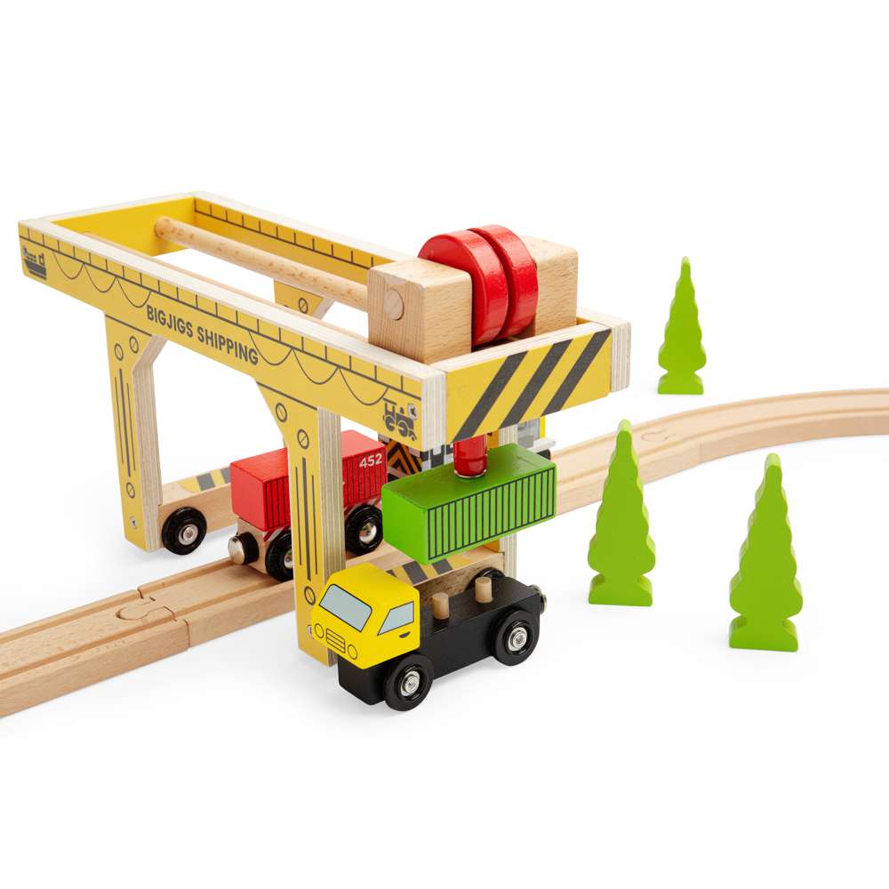 Bigjigs Rail Gantry Crane Wooden Train Set Accessory with Container Lorry