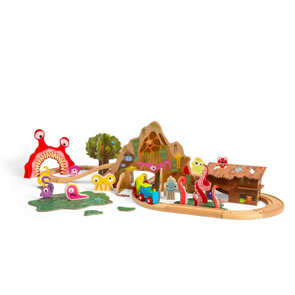 Bigjigs Rail Monster Train Set Wooden Railway 50 Play Pieces for Kids 3 Years Plus