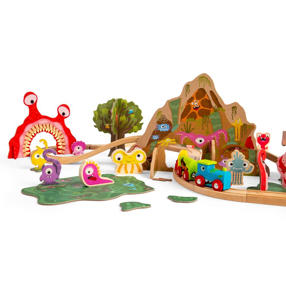 Bigjigs Rail Monster Train Set Wooden Railway 50 Play Pieces for Kids 3 Years Plus