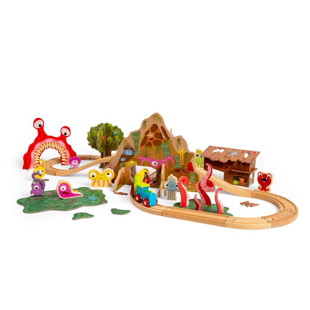 Bigjigs Rail Monster Train Set Wooden Railway 50 Play Pieces for Kids 3 Years Plus