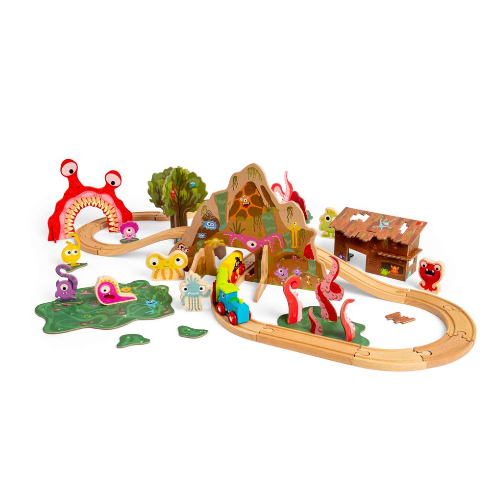 Bigjigs Rail Monster Train Set Wooden Railway 50 Play Pieces for Kids 3 Years Plus
