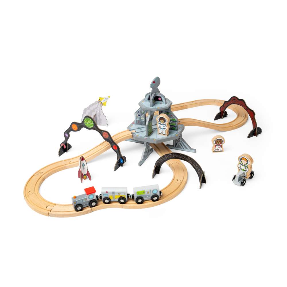 Bigjigs Rail Wooden Space Train Set Kids Toy Railway with Space Station and 40 Play Pieces