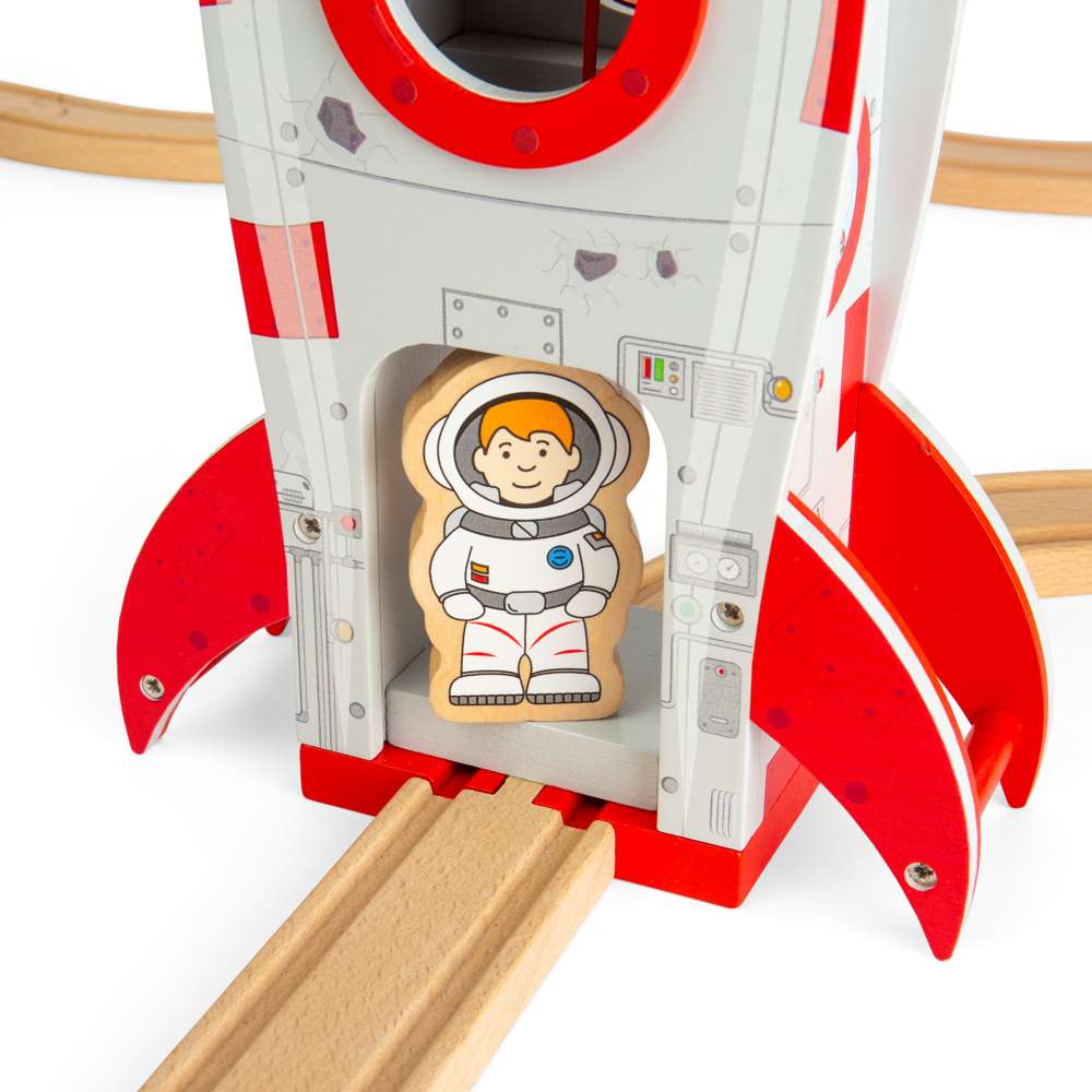 Bigjigs Rail Wooden Rocket Ship Toy for Train Sets with Astronaut and Working Lift