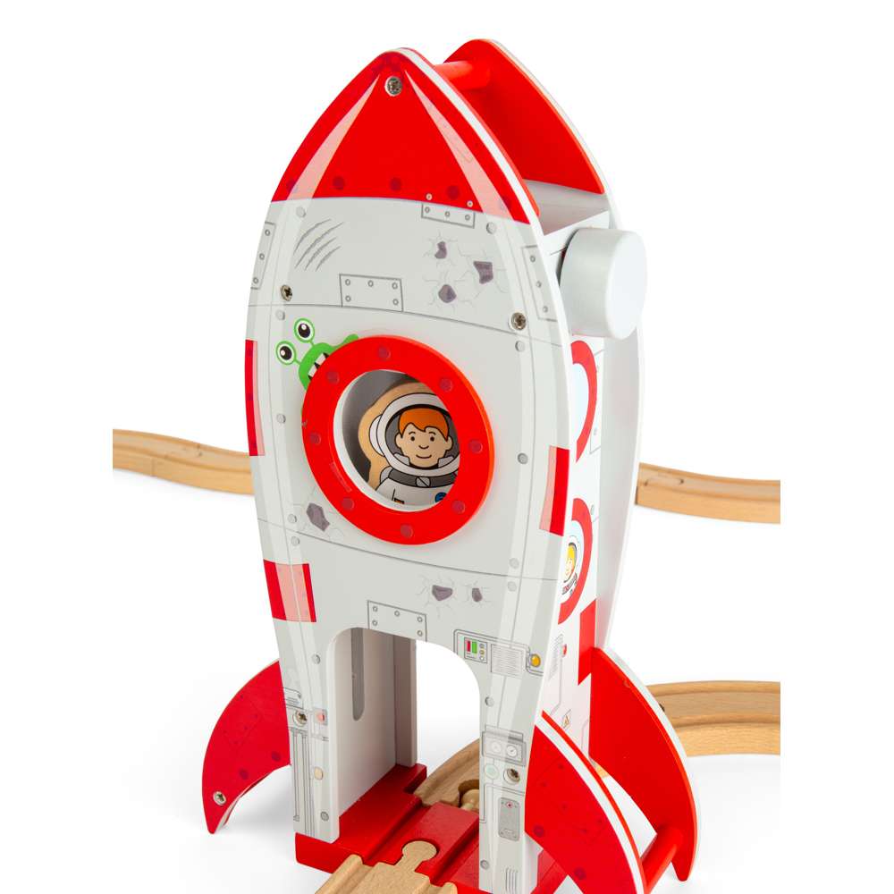 Bigjigs Rail Wooden Rocket Ship Toy for Train Sets with Astronaut and Working Lift