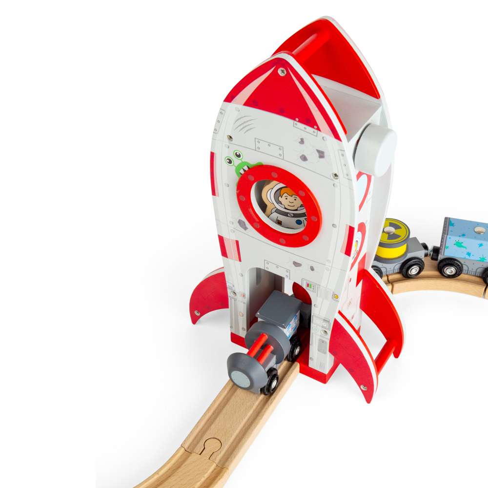 Bigjigs Rail Wooden Rocket Ship Toy for Train Sets with Astronaut and Working Lift
