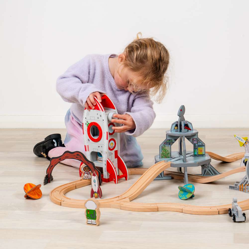 Bigjigs Rail Wooden Rocket Ship Toy for Train Sets with Astronaut and Working Lift