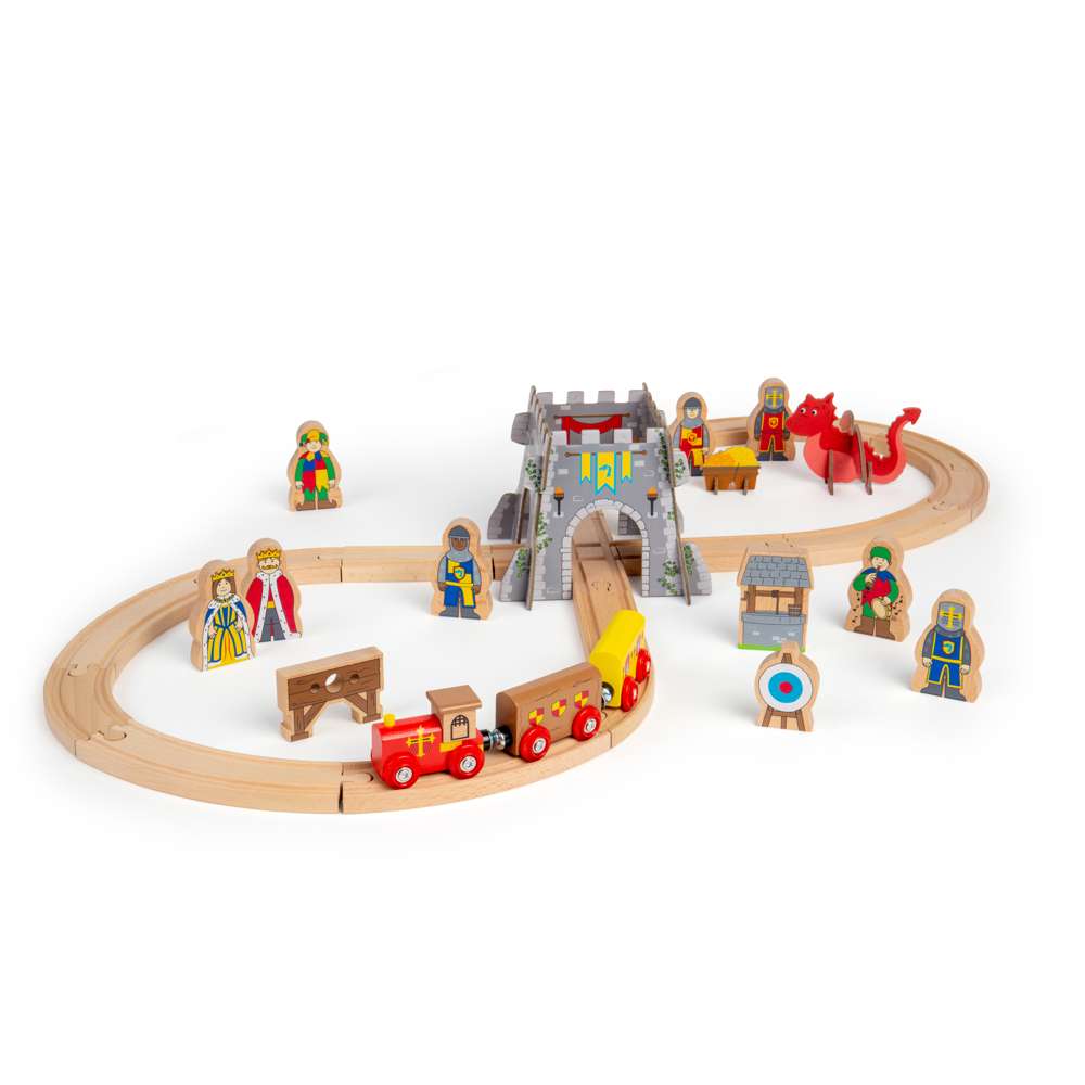 Bigjigs Rail Medieval Train Set Wooden Toy Railway with 33 Play Pieces