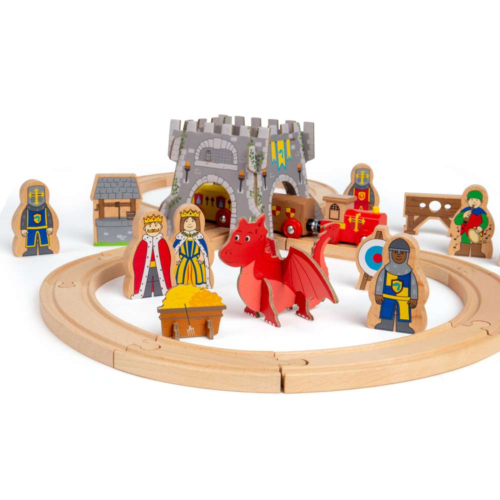 Bigjigs Rail Medieval Train Set Wooden Toy Railway with 33 Play Pieces