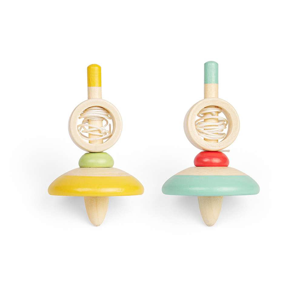 Bigjigs Toys Wooden Pull String Spinning Tops Set of 2 Classic Wooden Toys for Kids 3 Years Plus