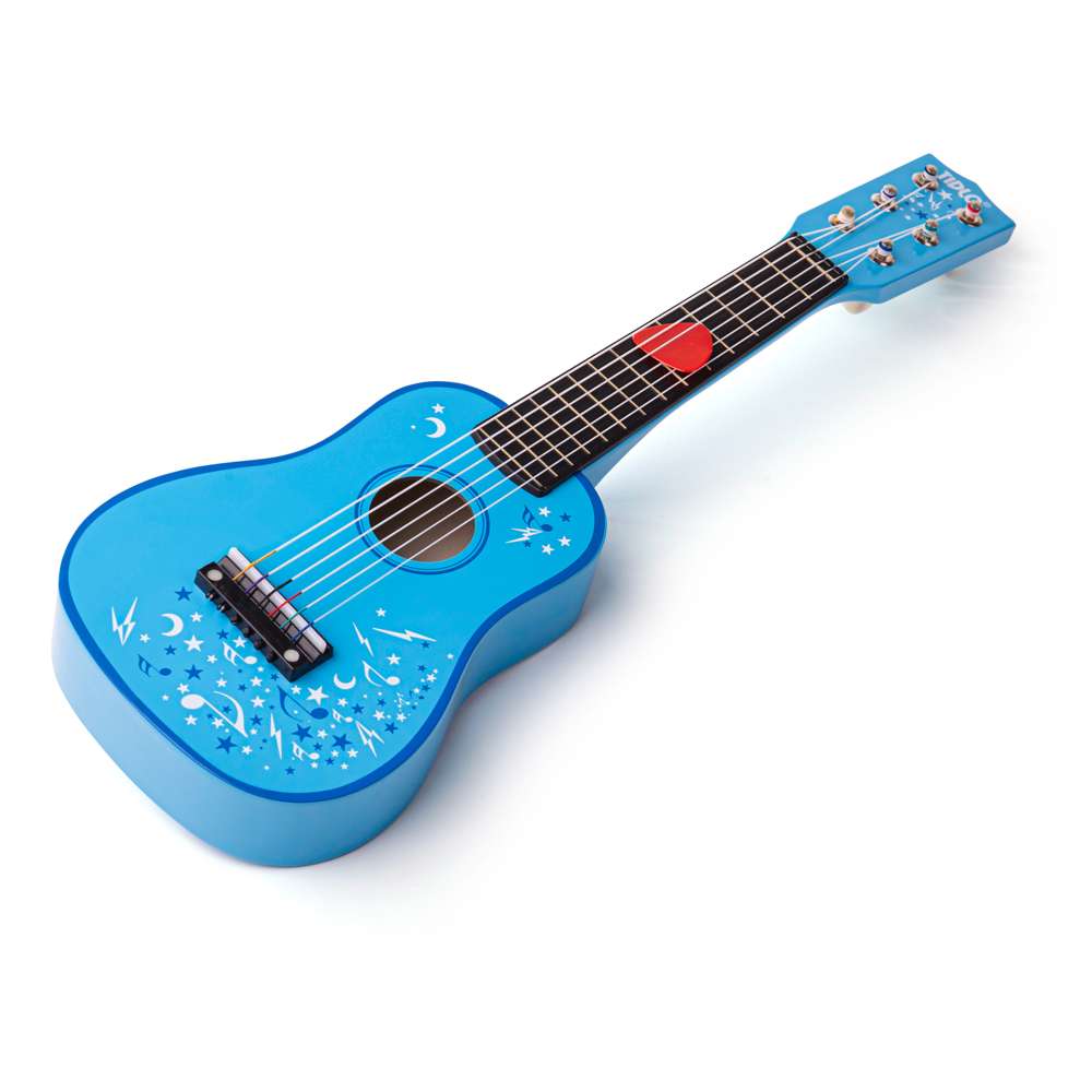 Tidlo Wooden Kids Acoustic Guitar Blue Stars Music Toy with Plectrum and 6 Nylon Strings