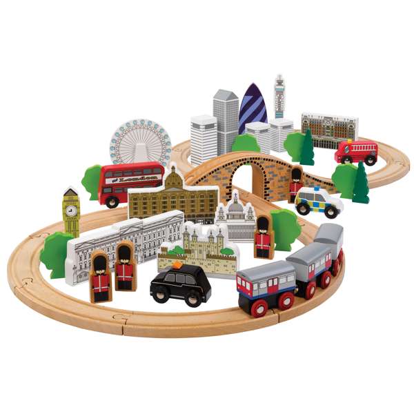 Tidlo City of London Wooden Train Set with Underground Train and 50 Play Pieces