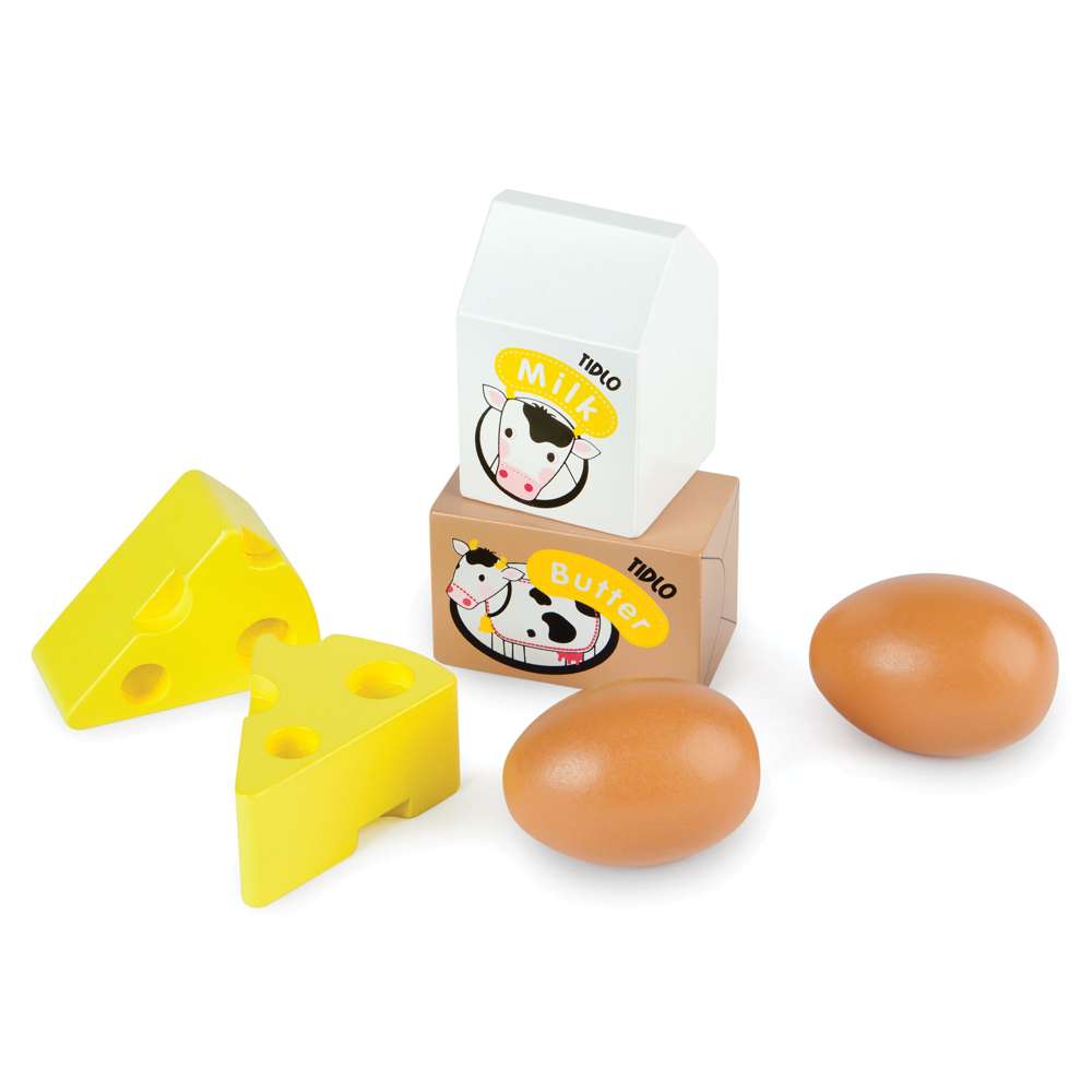 Tidlo Wooden Eggs and Dairy Play Food Set in Crate
