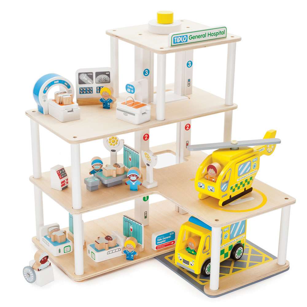 Tidlo Wooden General Toy Hospital Set with 30 Play Pieces and Vehicles