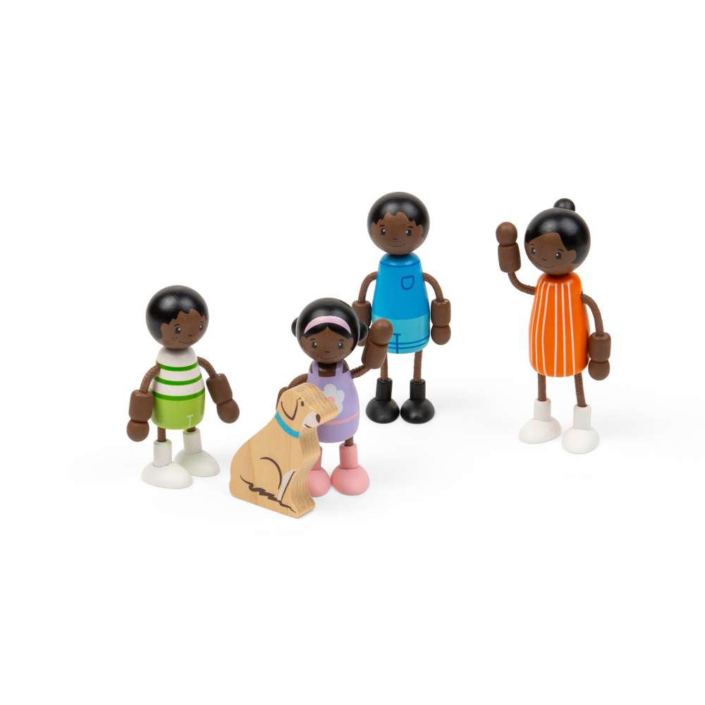 Tidlo Wooden Black Family Dolls Set 4 Figures and Pet Dog