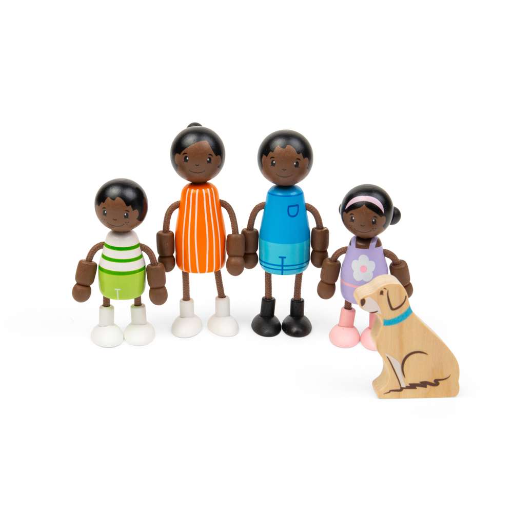 Tidlo Wooden Black Family Dolls Set 4 Figures and Pet Dog