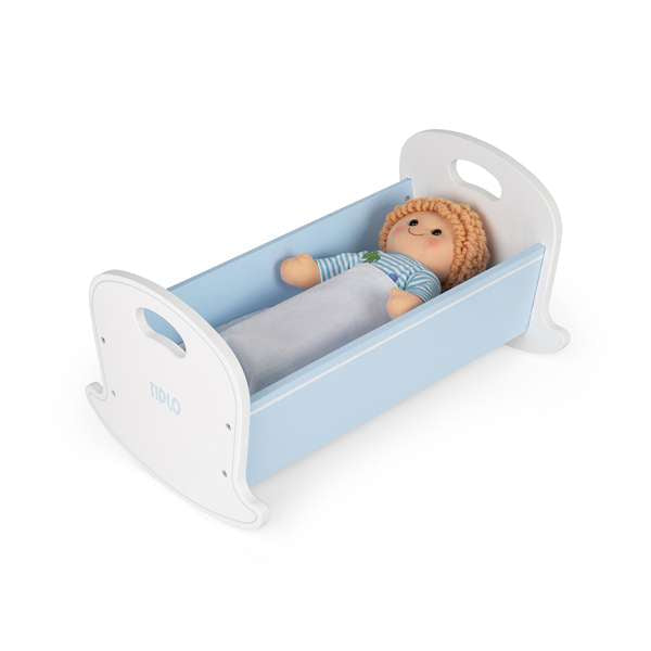 Tidlo Wooden Doll Cradle Blue Polka Dot Rocking Toy Bed for Dolls 18 Months Plus