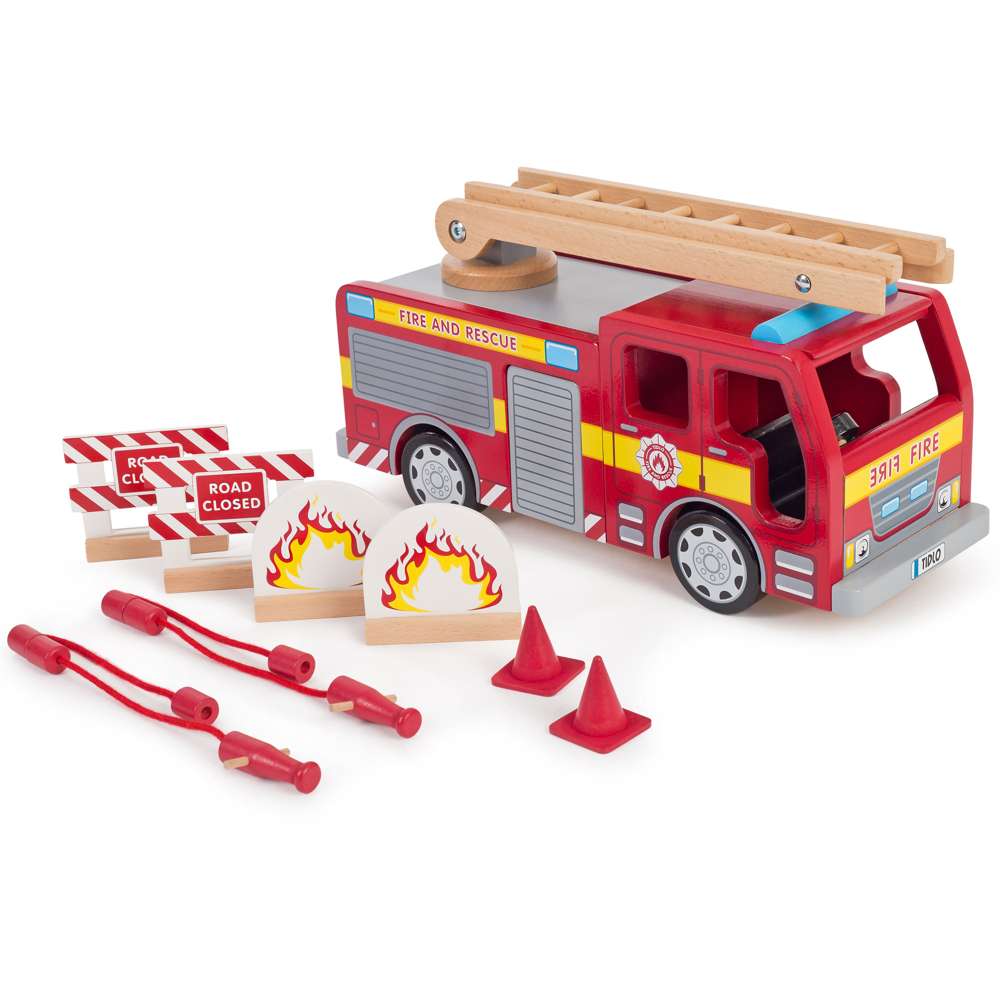 Tidlo Wooden Fire Engine Toy Playset with Accessories for Kids 3 Years Plus